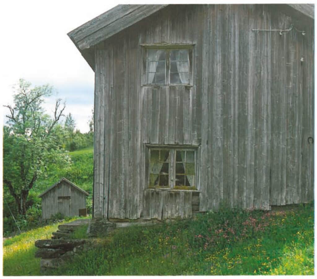 Et forvitret trehus med to vinduer står på en gresslette med markblomster; et mindre skur er synlig i bakgrunnen blant trærne.